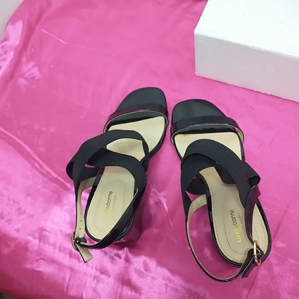 Liz Claiborne Womens SZ 11M Refined Comfort Black Strappy Block Heels .